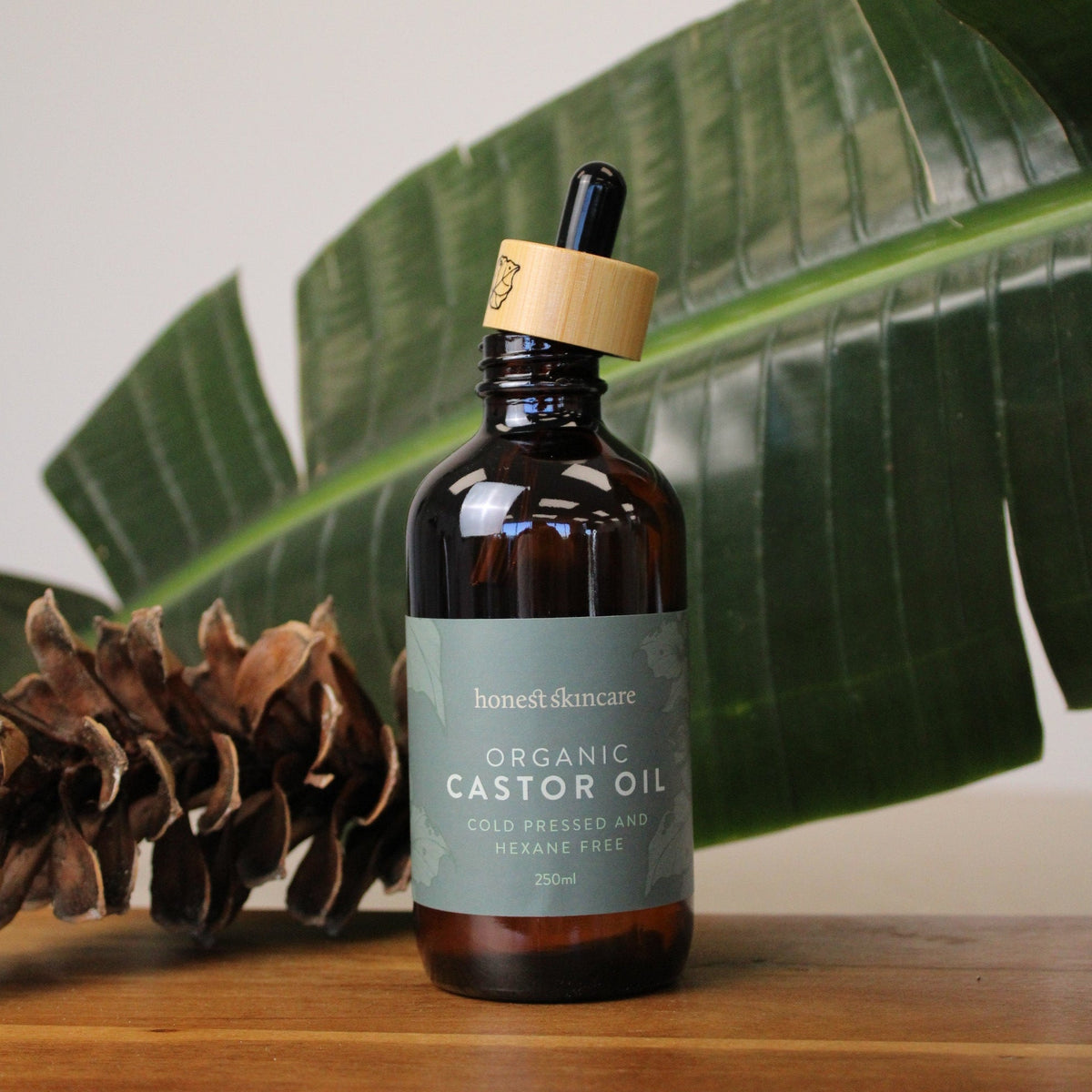 Castor Oil Detox Kit featuring organic castor oil in a glass bottle with a dropper, next to decorative pinecones.