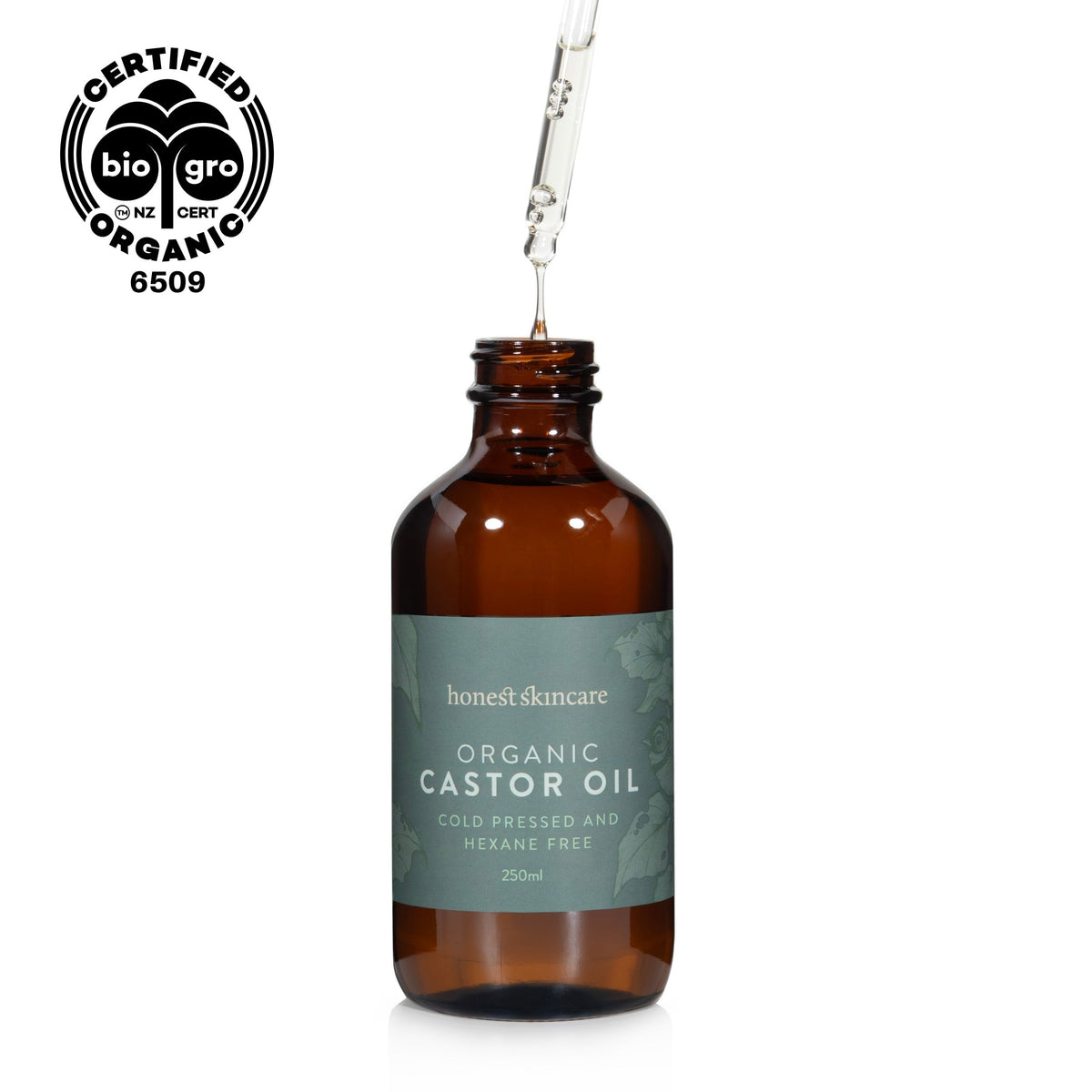 Organic castor oil bottle with dropper, certified organic for natural healing and inflammation support
