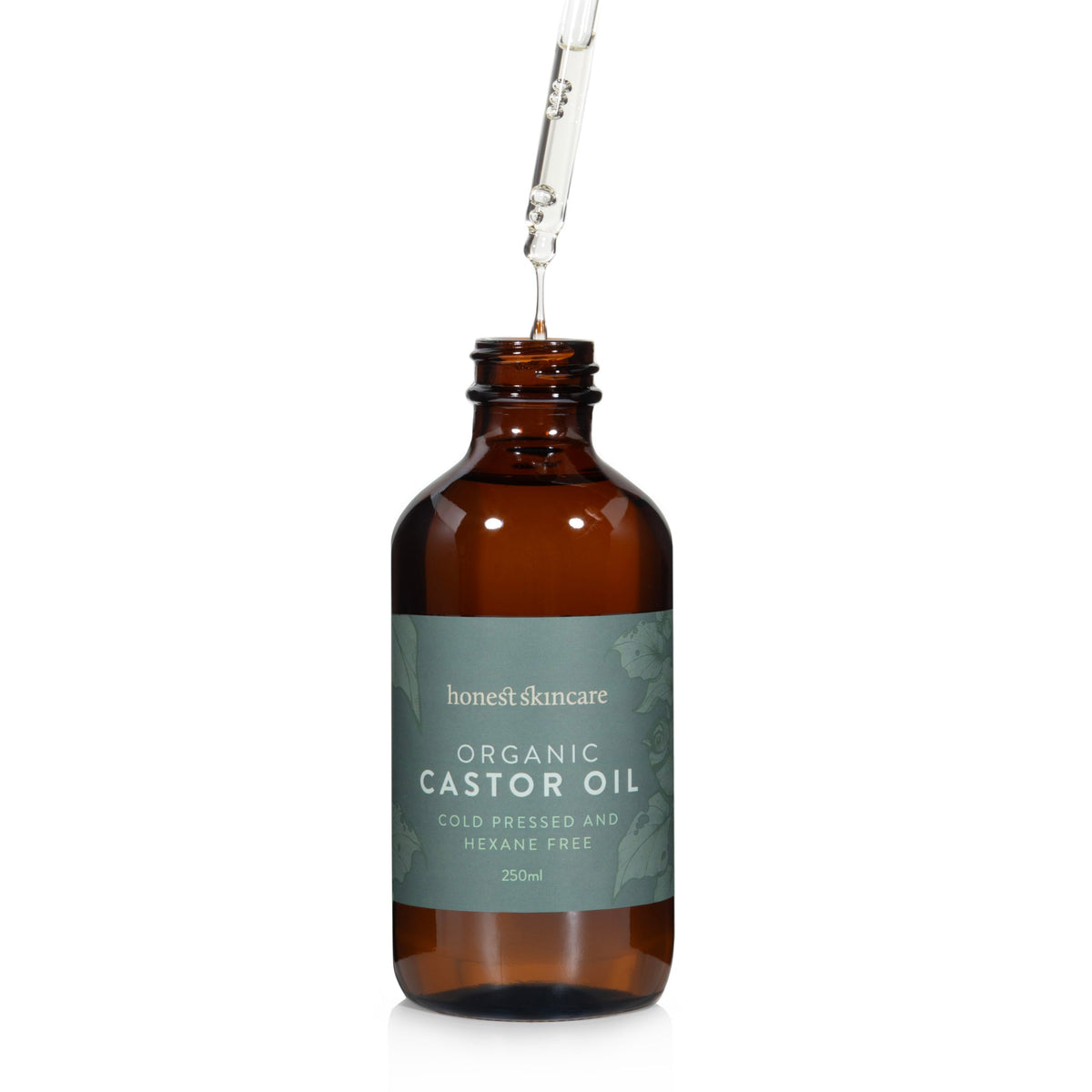 Organic Castor Oil in a glass bottle with pipette - cold pressed and hexane-free.