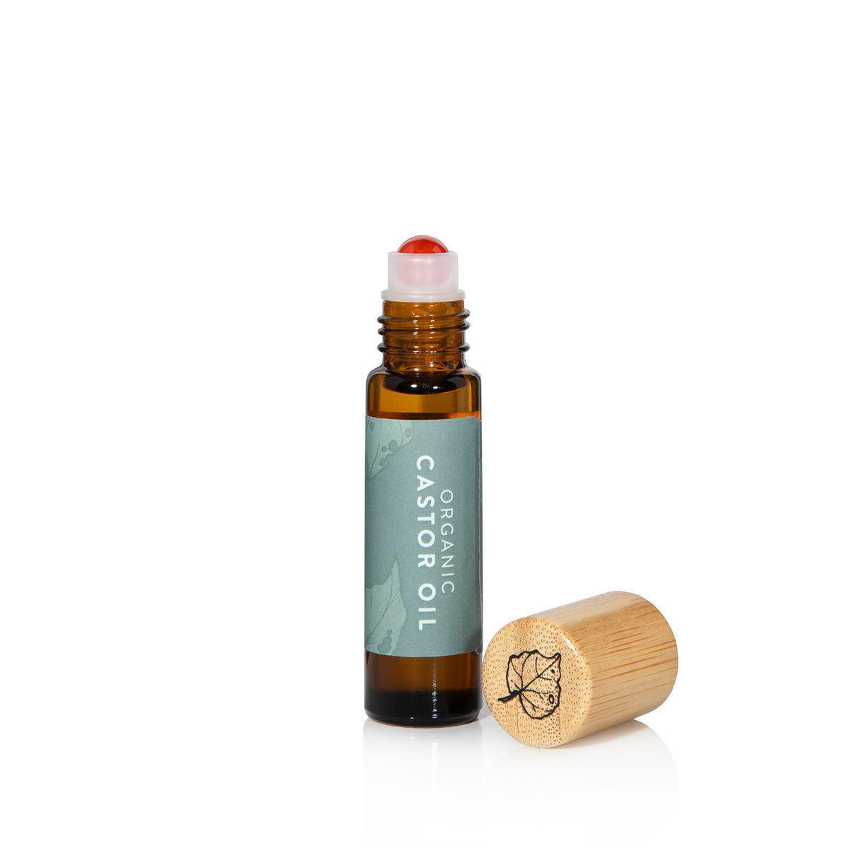 Organic Castor Oil Mini Roller with bamboo cap, designed for easy navel application of premium organic castor oil.