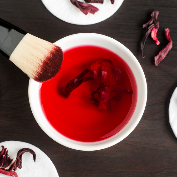 Red dried hibiscus tea in a white bowl with a brush, surrounded by dried hibiscus flowers on a dark surface.