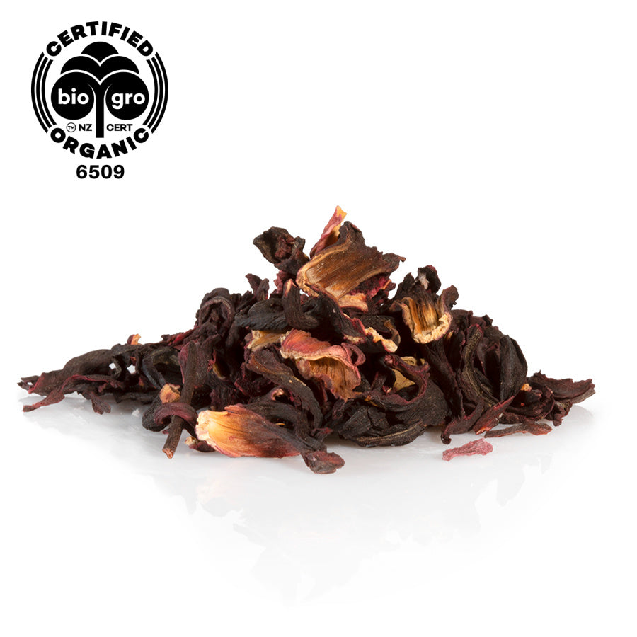 Dried hibiscus tea on a white background with BioGro Organic certification logo.
