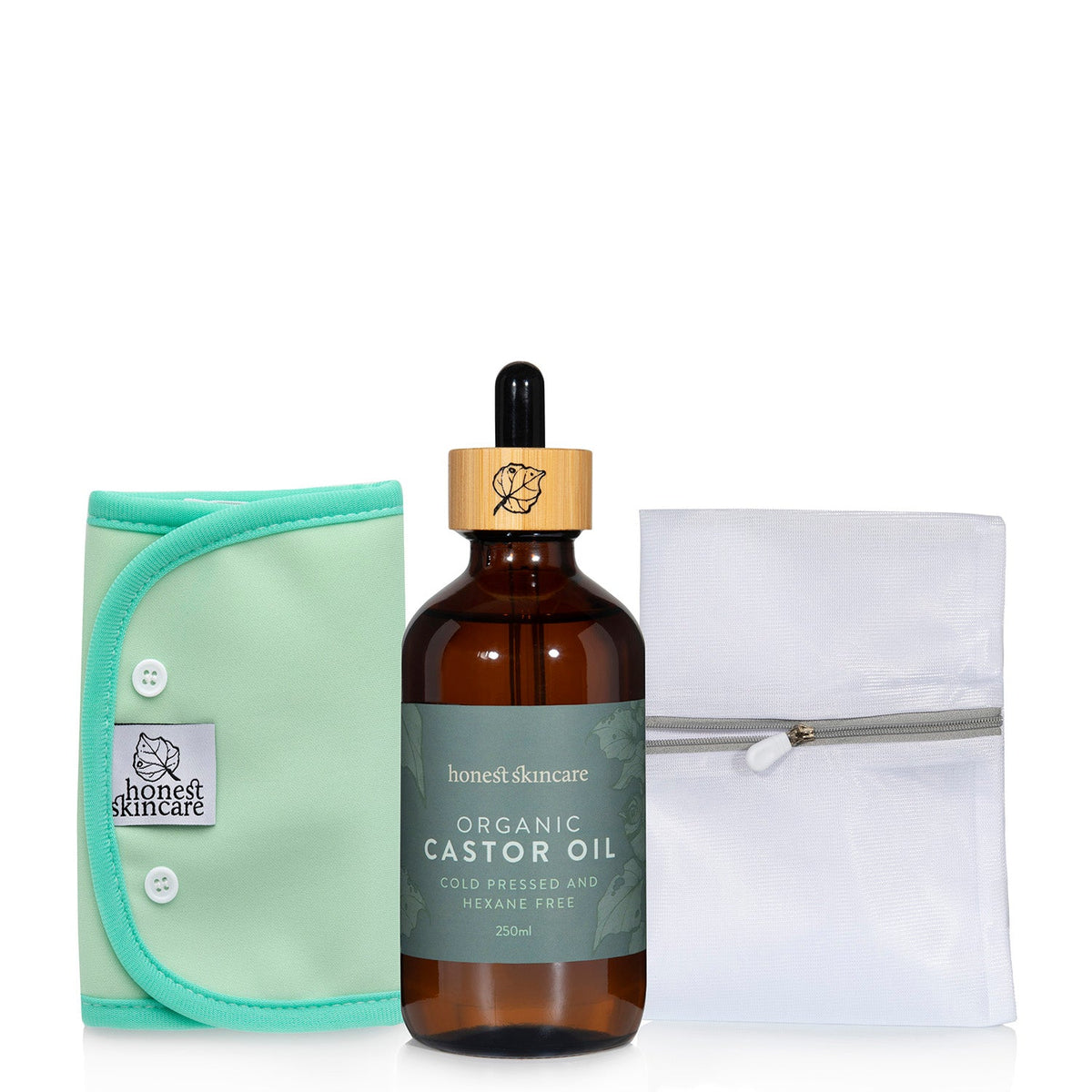 Castor oil for inflammation starter pack including organic castor oil bottle and reusable wraps.