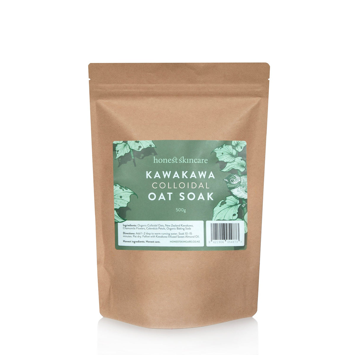 Colloidal oat bath soak package featuring Kawakawa, labeled with Honest Skincare and 500g weight.
