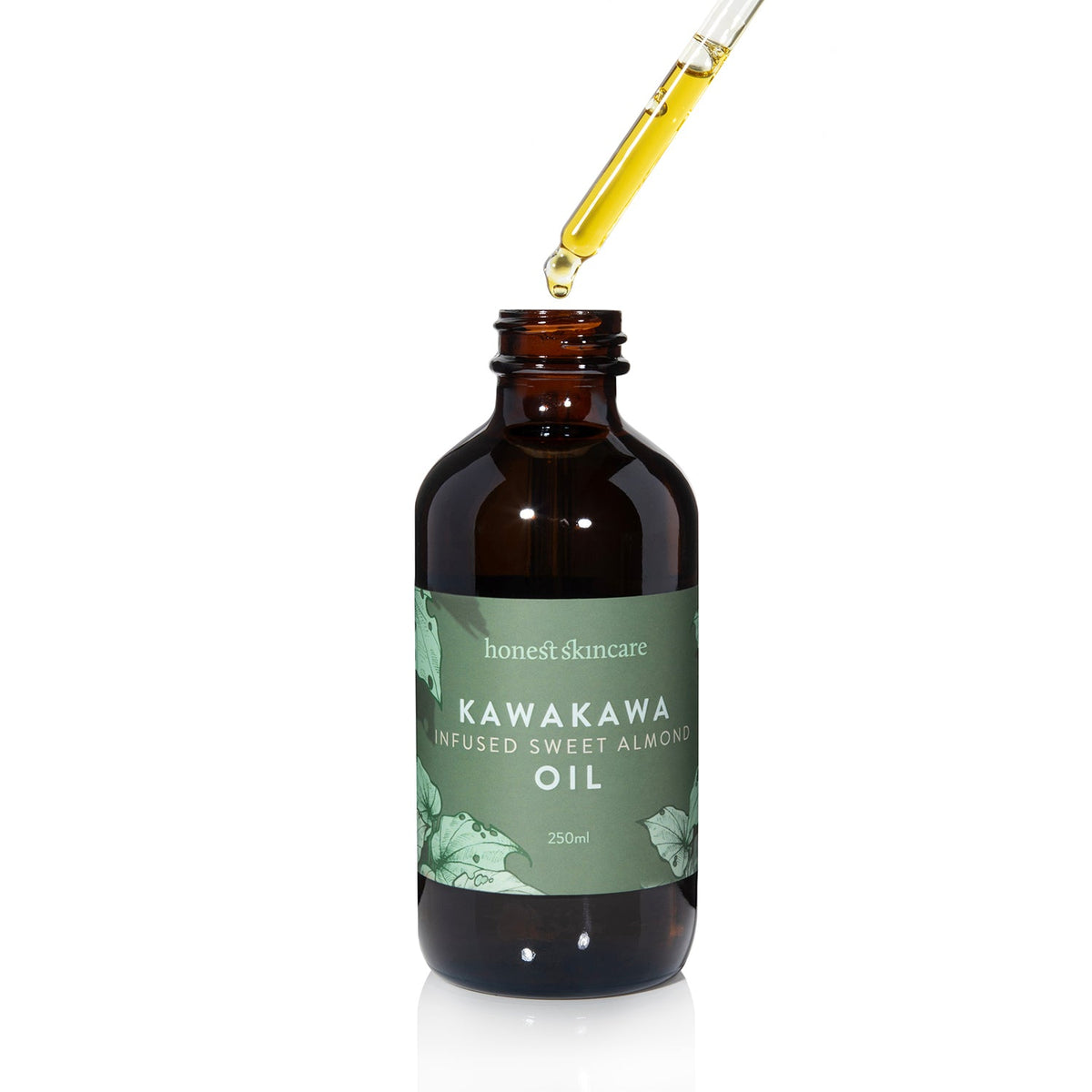 Kawakawa infused sweet almond oil for skin in a glass bottle with dropper.