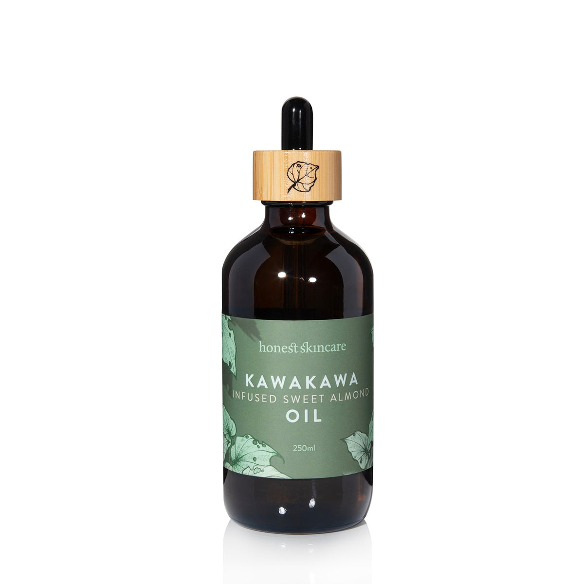 Honest Skincare Kawakawa infused sweet almond oil for skin in a dark glass bottle with dropper.