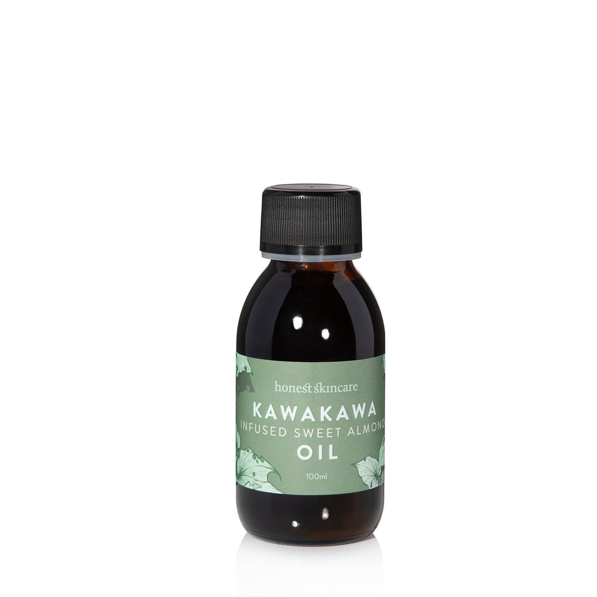 Kawakawa infused sweet almond oil for skin in a 100ml bottle, promoting healing and soothing properties.