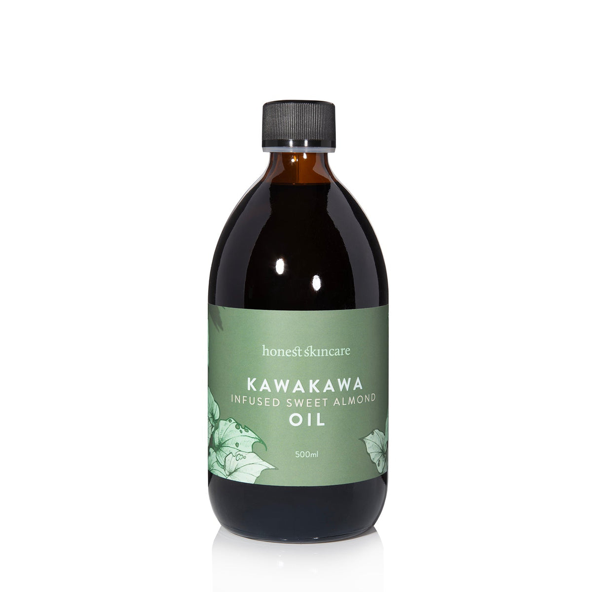 Honest Skincare Kawakawa infused sweet almond oil for skin, 500ml bottle on a white background.