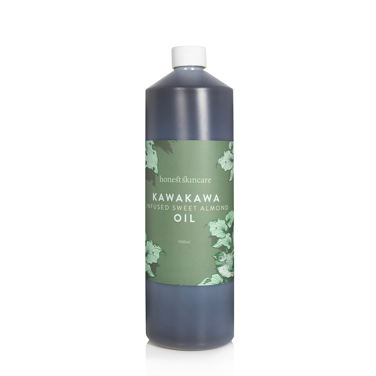 Kawakawa infused sweet almond oil for skin in a bottle by Honest Skincare.