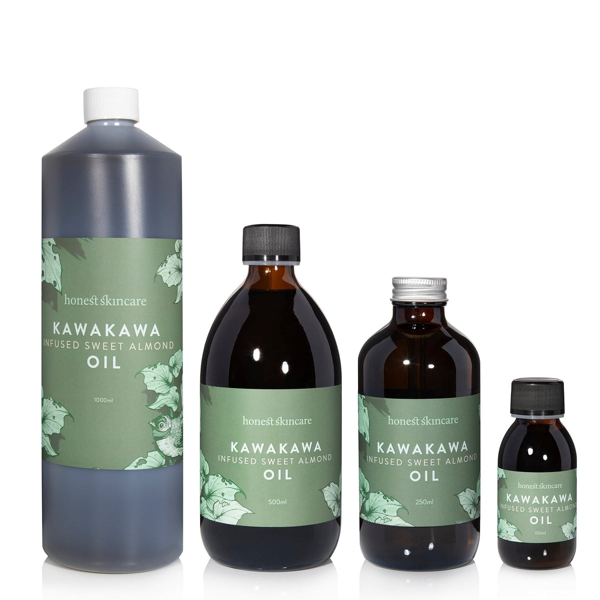 Sweet almond oil for skin in various bottle sizes, featuring Kawakawa infusion for soothing skin benefits.