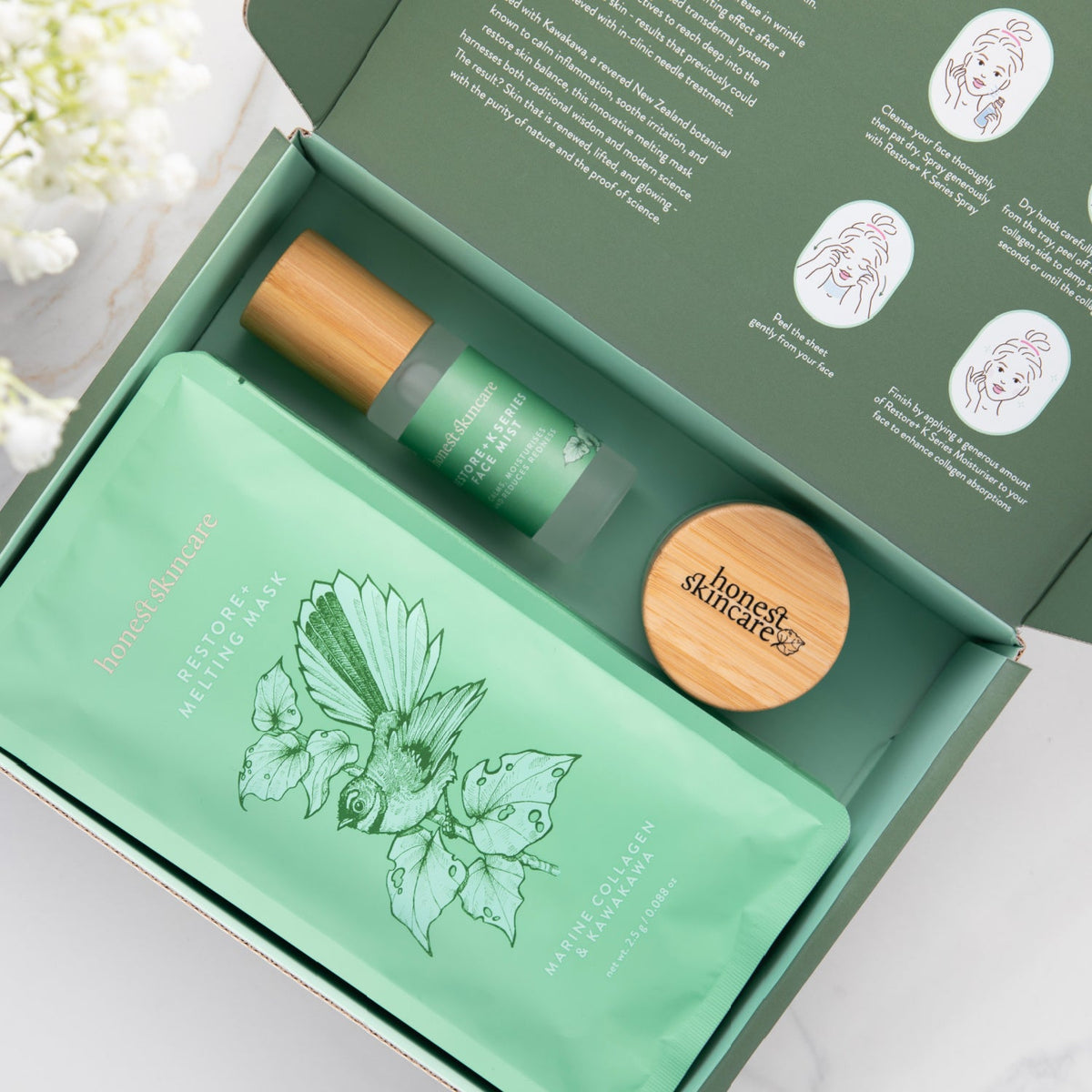 Marine melting best collagen mask korean skincare product set with wooden cap and 'honest skincare' branding, displayed in an open green box.