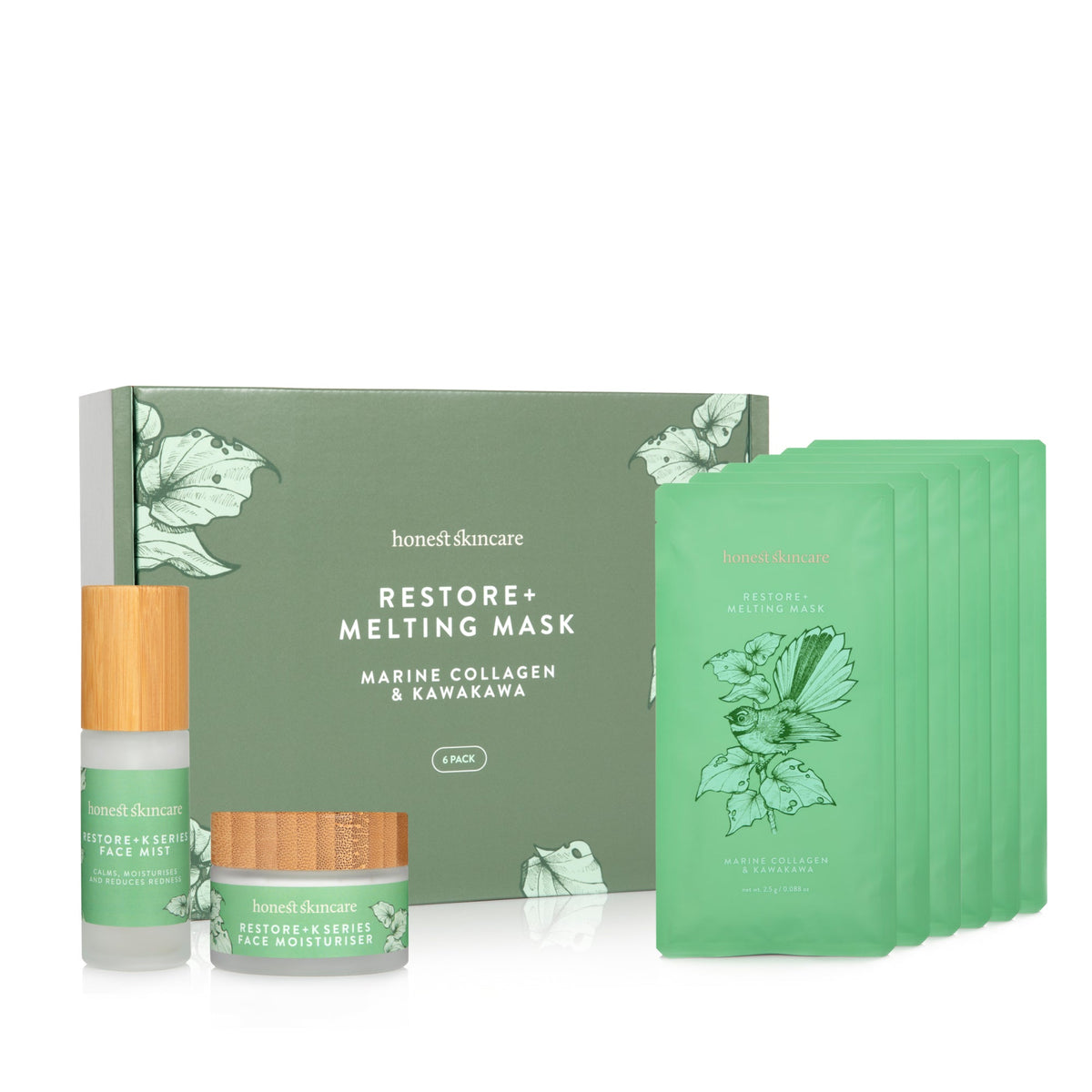 Honest skinCare skincare products including 6 melting best collagen mask, cream, and box on a white background Marine collagen melting mask korean skincare