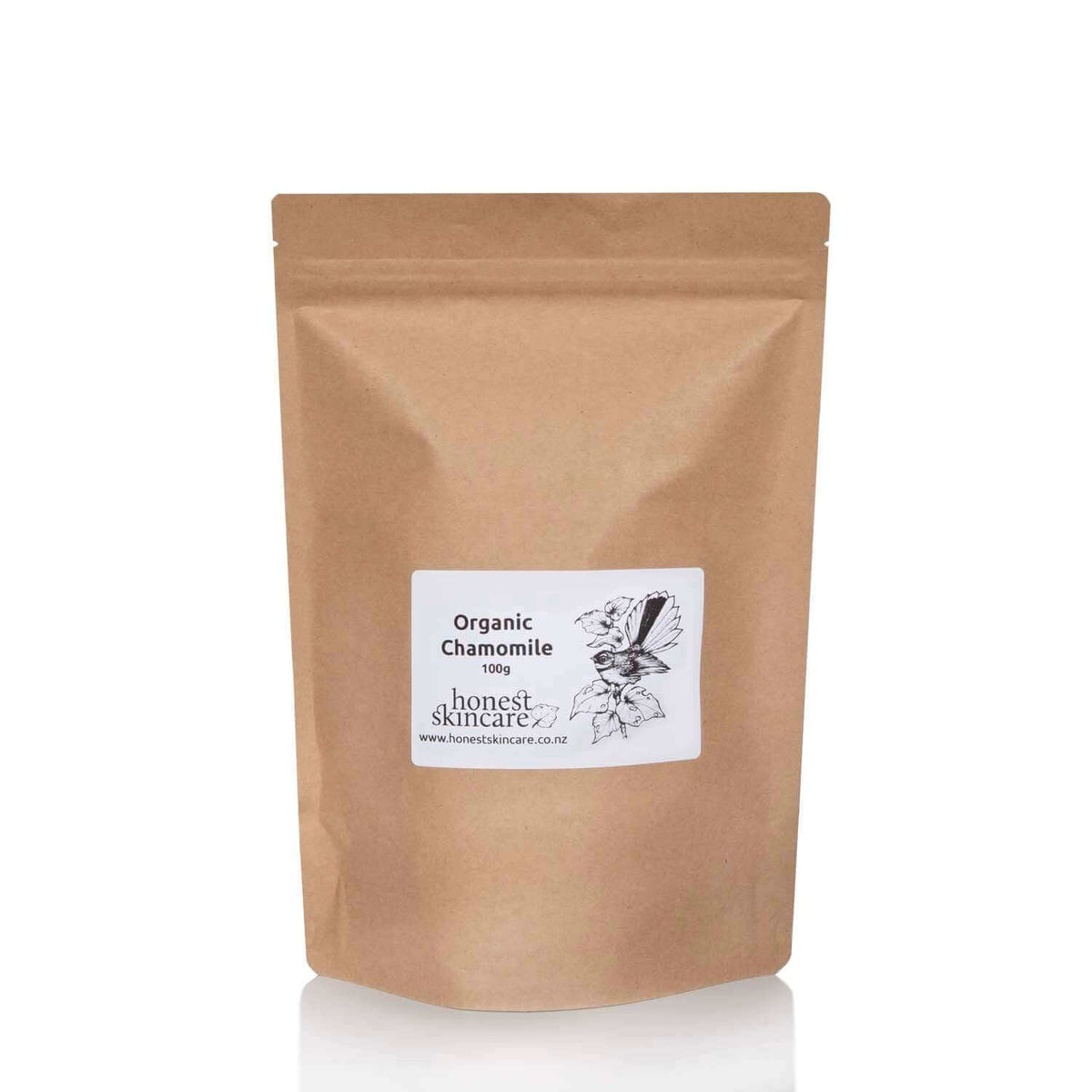 Organic chamomile flowers in eco-friendly packaging, 100g bag from Honest Skincare.