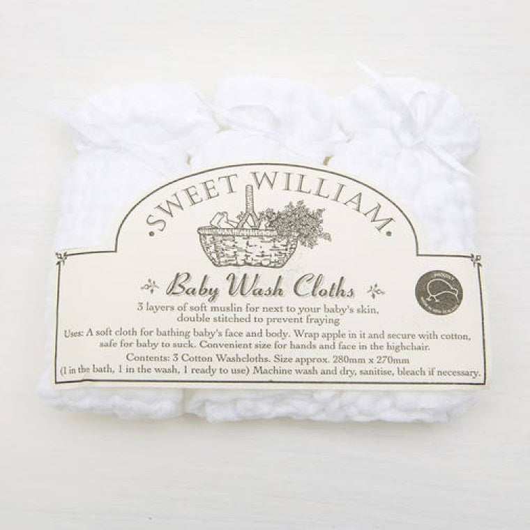 Muslin wash cloths by Sweet William in a pack of 3, designed for gentle cleaning of baby's skin.
