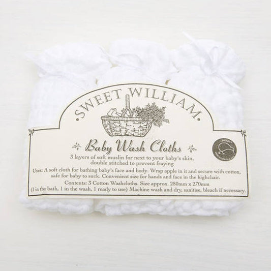 Muslin wash cloths by Sweet William in a pack of 3, designed for gentle cleaning of baby's skin.