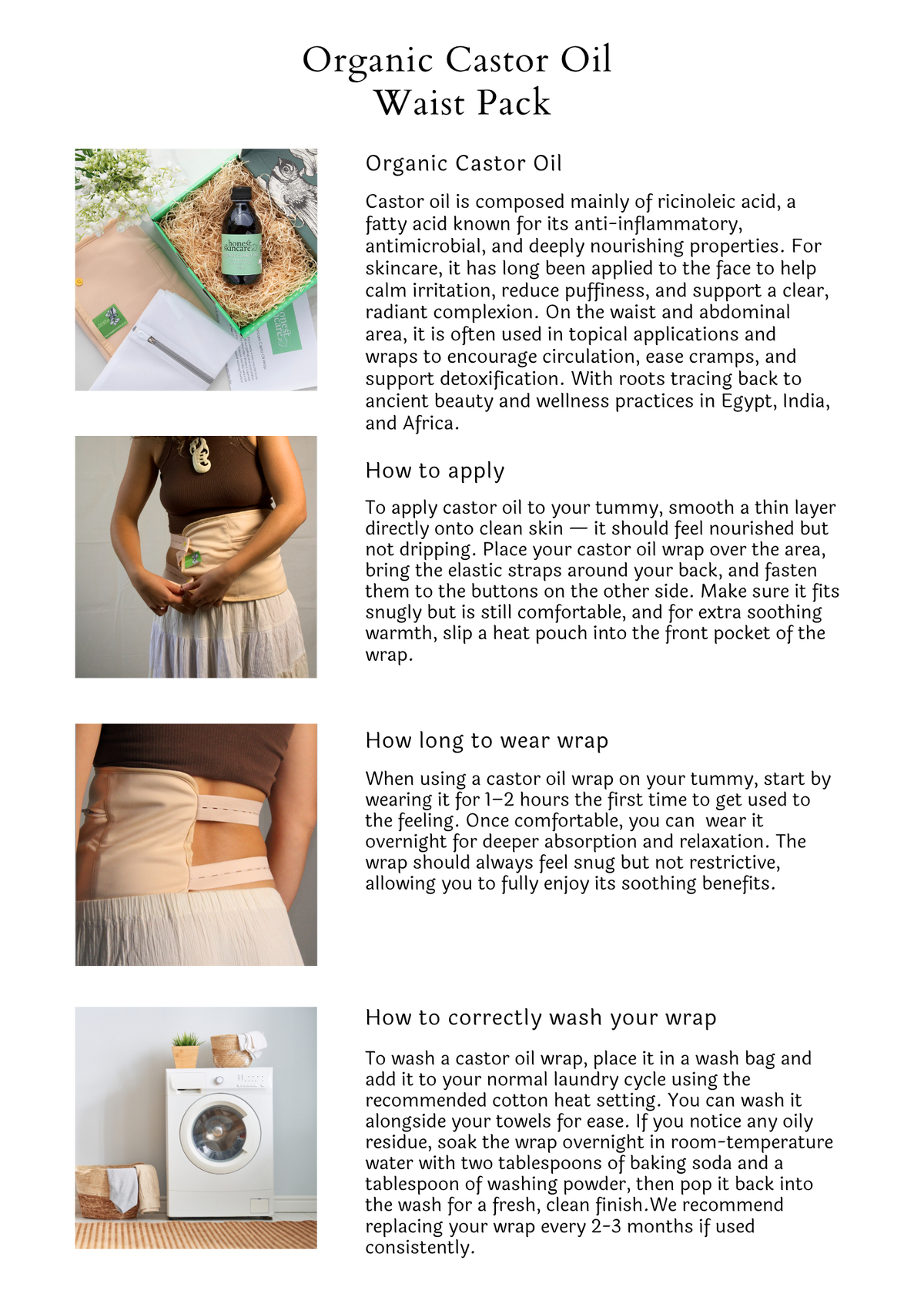 Instructions for using an honest skincare Organic Castor Oil Waist Pack with images and text.