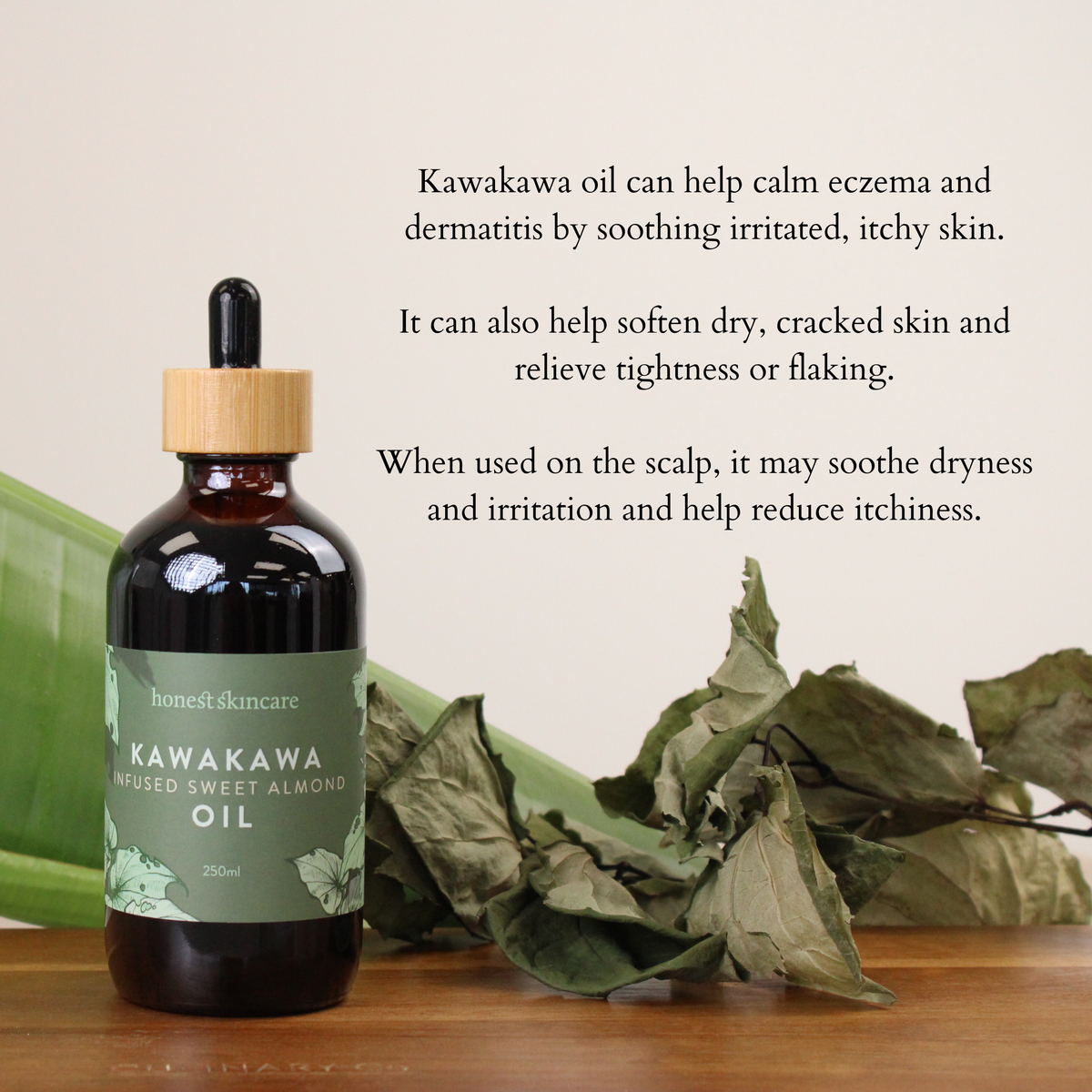 Kawakawa infused sweet almond oil for skin, soothing irritated skin and calming eczema and dermatitis.
