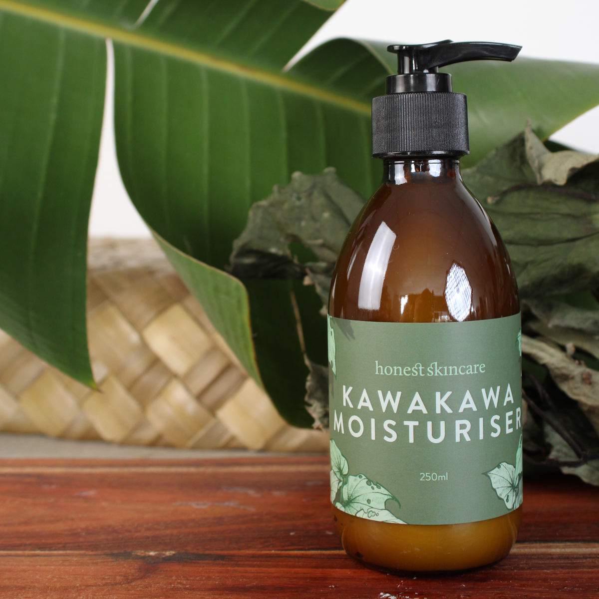 Kawakawa Ultra-Nourishing Moisturiser for all skin types in a brown bottle with a pump