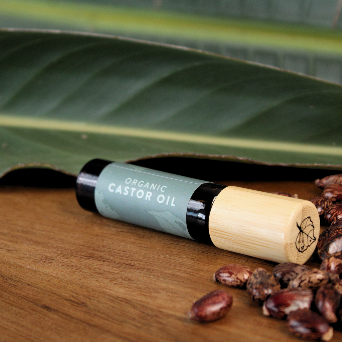 Organic Castor Oil Mini Roller on wooden surface with castor seeds and green leaf background.