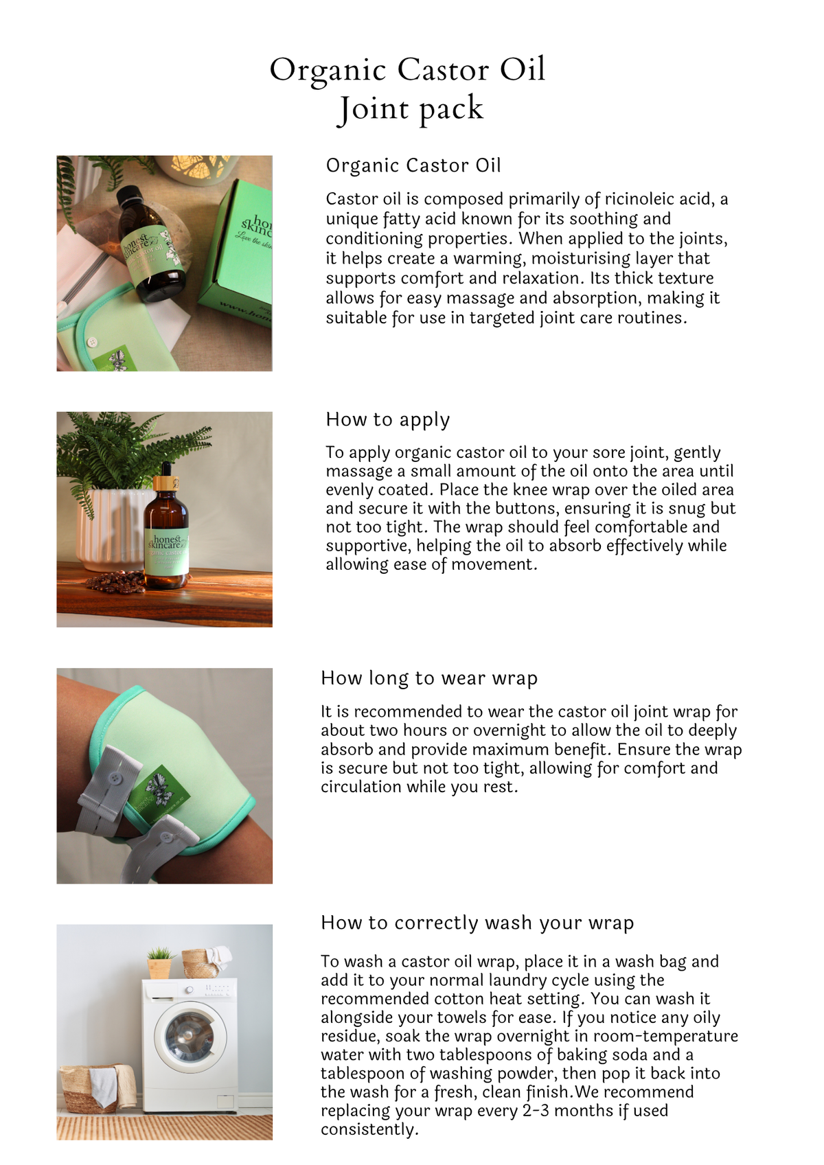 Organic castor oil joint pack instructions for application and care. Ideal for castor oil for inflammation treatment.