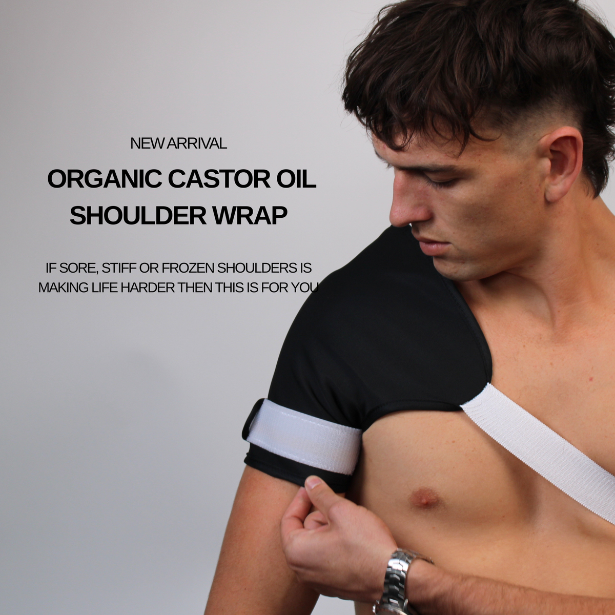 Man wearing an organic castor oil shoulder pack with promotional text on a gray background